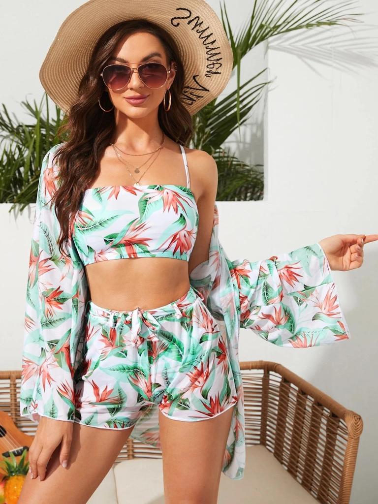 Sexy Bandeau High Waist Bikini Set with Boy Shorts Mesh Cover Up Floral 3 Piece Swimsuit Women Bathing Suits Swimwear Beach Wear