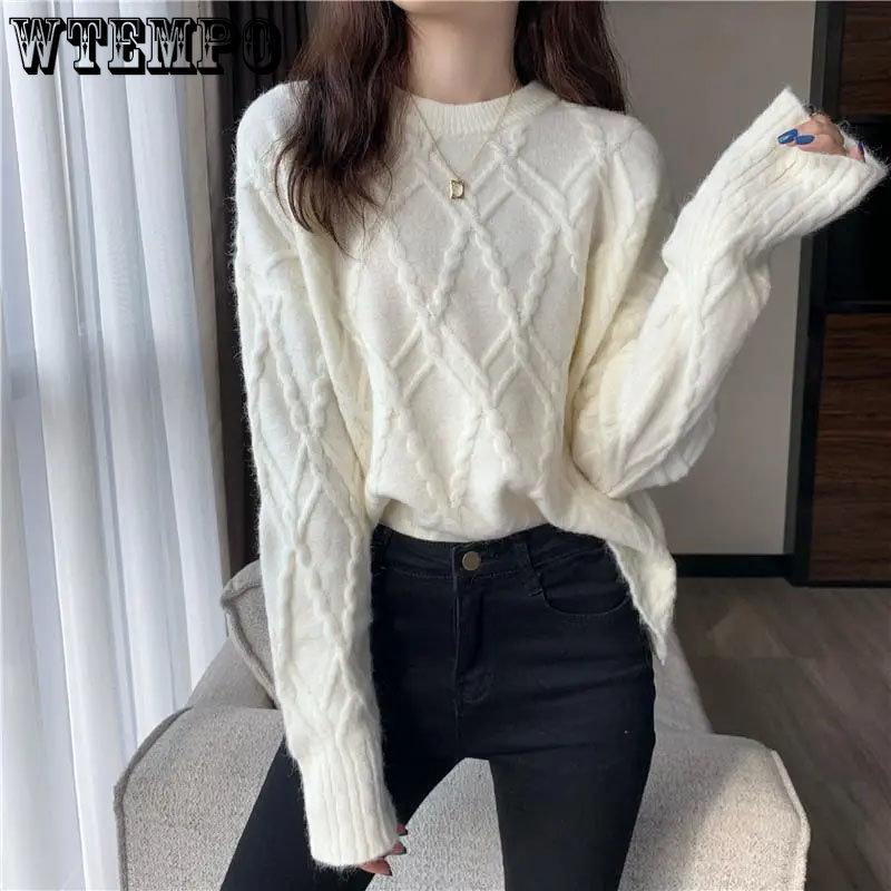 White Knitted Fried Dough Twist Women Sweater Loose Knit Pullover Simple Casual Commute Sweet Long Sleeve Top Bottoming Shirt