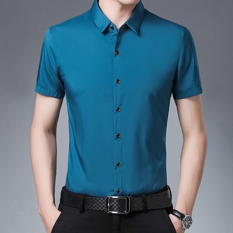 Men's Summer Solid Color Short-Sleeve Turn-Down Collar Shirt - Casual and Workwear Top