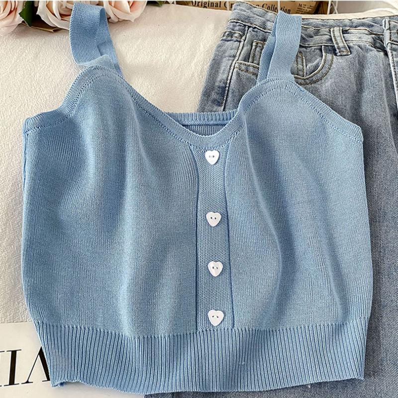 ITOOLIN Женские вязаные укороченные топы Y2K, милые однотонные топы без рукавов на бретелях на пуговицах, сексуальные укороченные топы летом