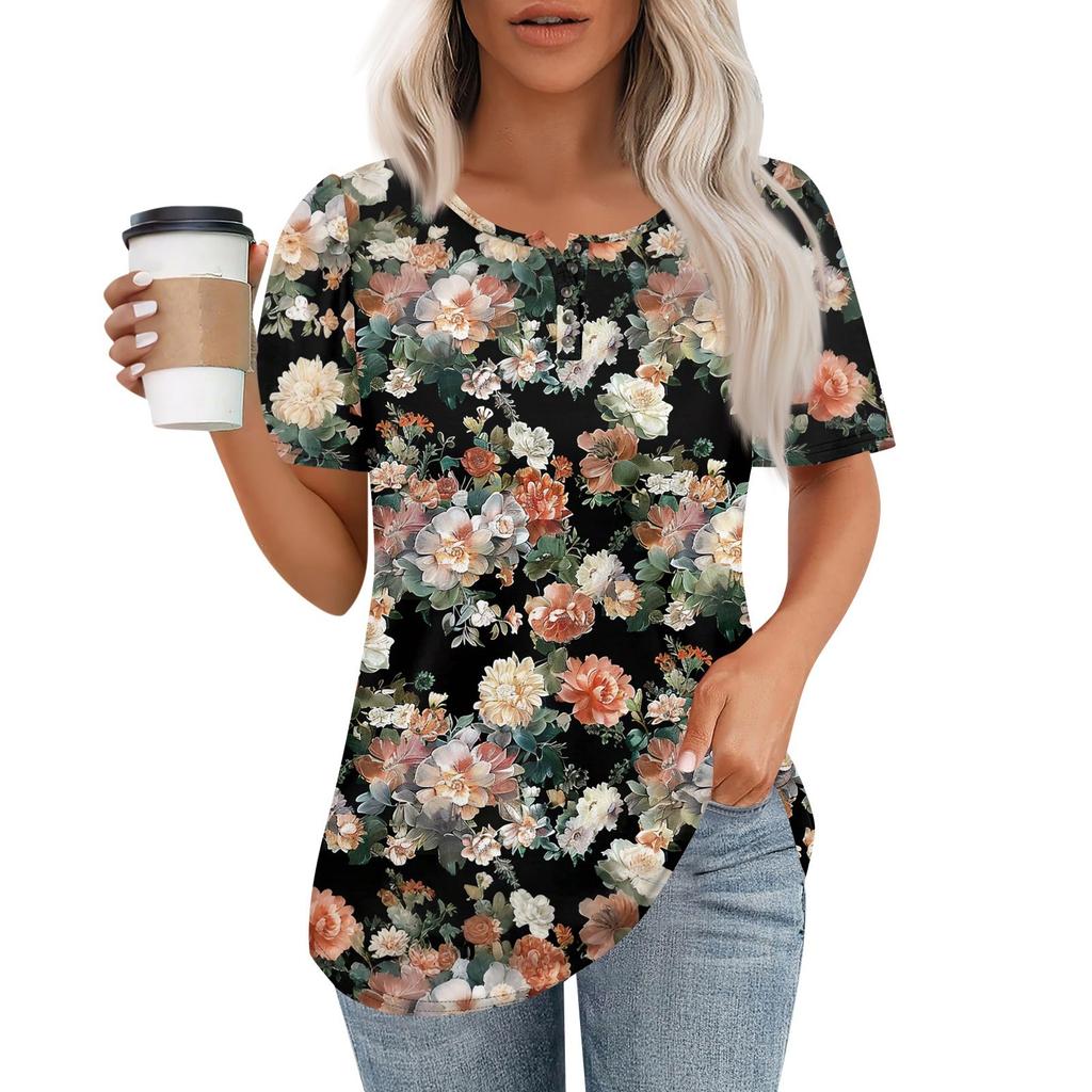 Женский модный повседневный короткий рукав пуловер с принтом на пуговицах и круглым вырезом