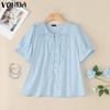 VONDA Summer Women O Neck Puff Sleeve Pleated Buttons Up Casual Blouse Tops