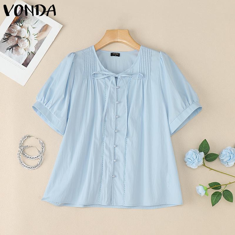 VONDA Summer Women O Neck Puff Sleeve Pleated Buttons Up Casual Blouse Tops