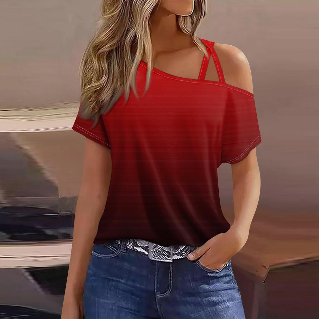 Women's Fashion Casual Print Sexy Cold Shoulder Short Sleeve T-shirt Top