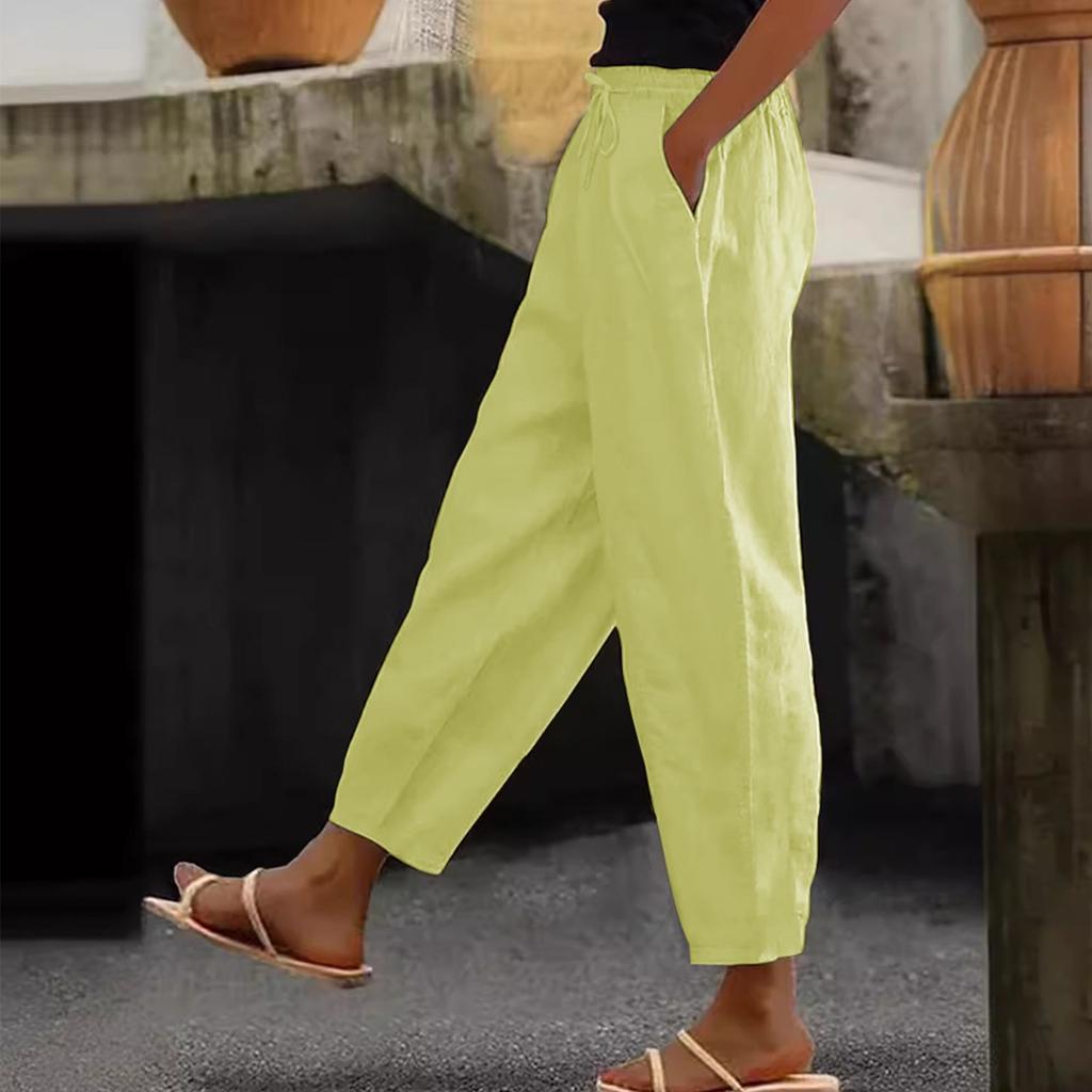 Women's Fashion Loose Cotton Linen Solid Color Casual Side Pocket Elastic Drawstring Trousers