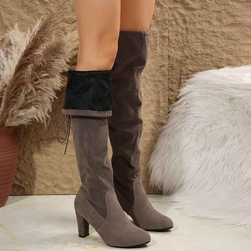 Elegant Grey Faux Suede Over-the-Knee Boots Woman Warm Plush Thigh High Botas Ladies Point Toe High Heel Lace-up Long Shoes