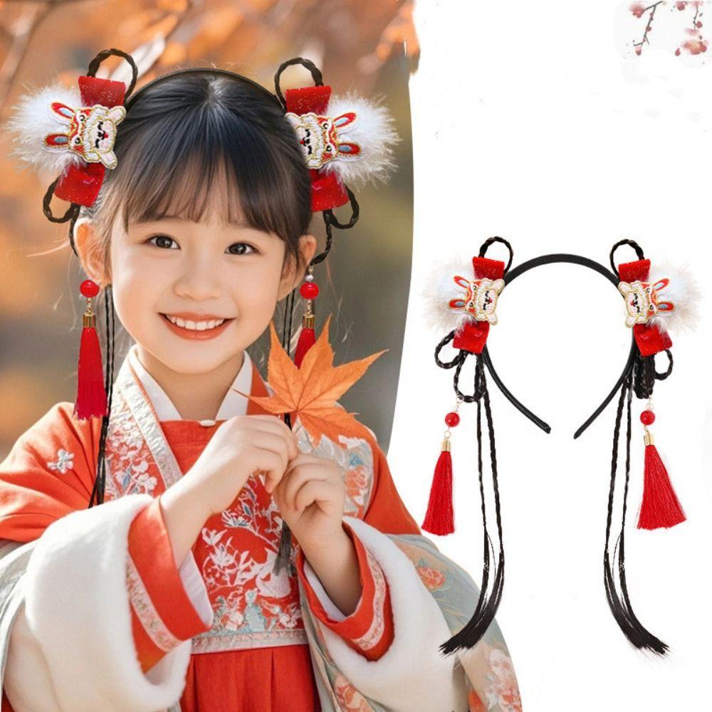Tassel Children Wig Headband Flower New Year Hair Accessories Hanfu Headwear  Year of the Horse