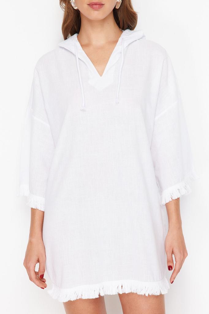 Women's Style Dress White Wide Fit Mini Woven Tasseled 100% Cotton Beach Dress