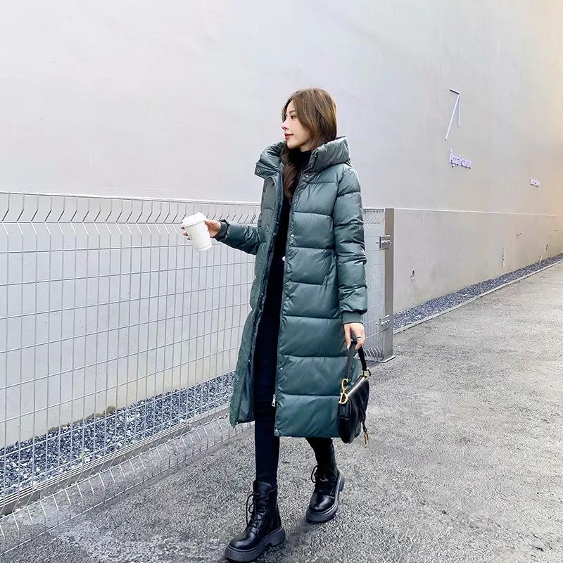 Осень и Зима Однотонная Глянцевая Одноразовая С Капюшоном Свободная Модная Куртка