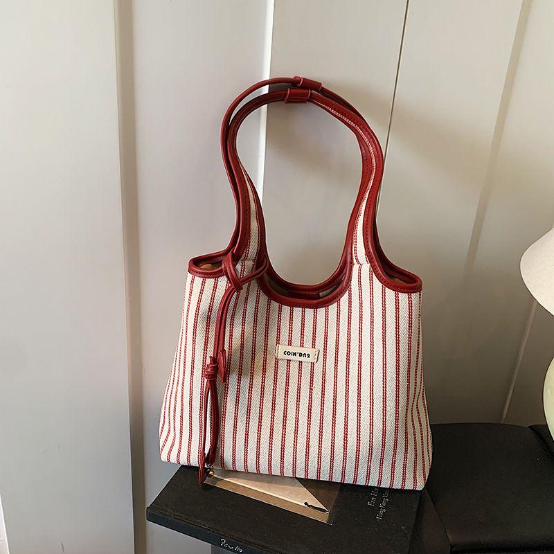 Commuter Large Capacity Stripe Canvas Bag Women 2025 New Versitile Fashion Shoulder Bag Go out to Work Tote Bag