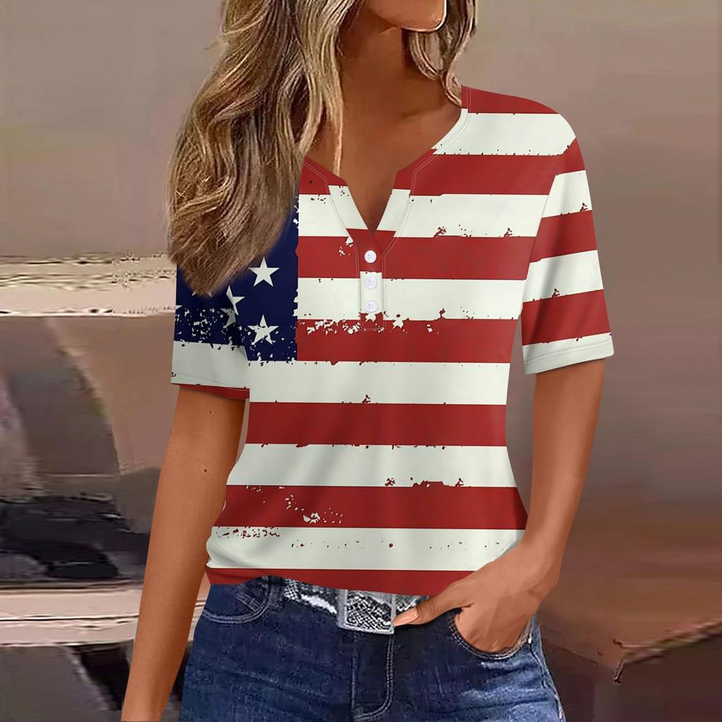 Жен. Футболка Футболка День независимости С принтом Пуговицы С короткими рукавами Повседневные Выходные Мода Классический Классический V-образный вырез Обычный Топ