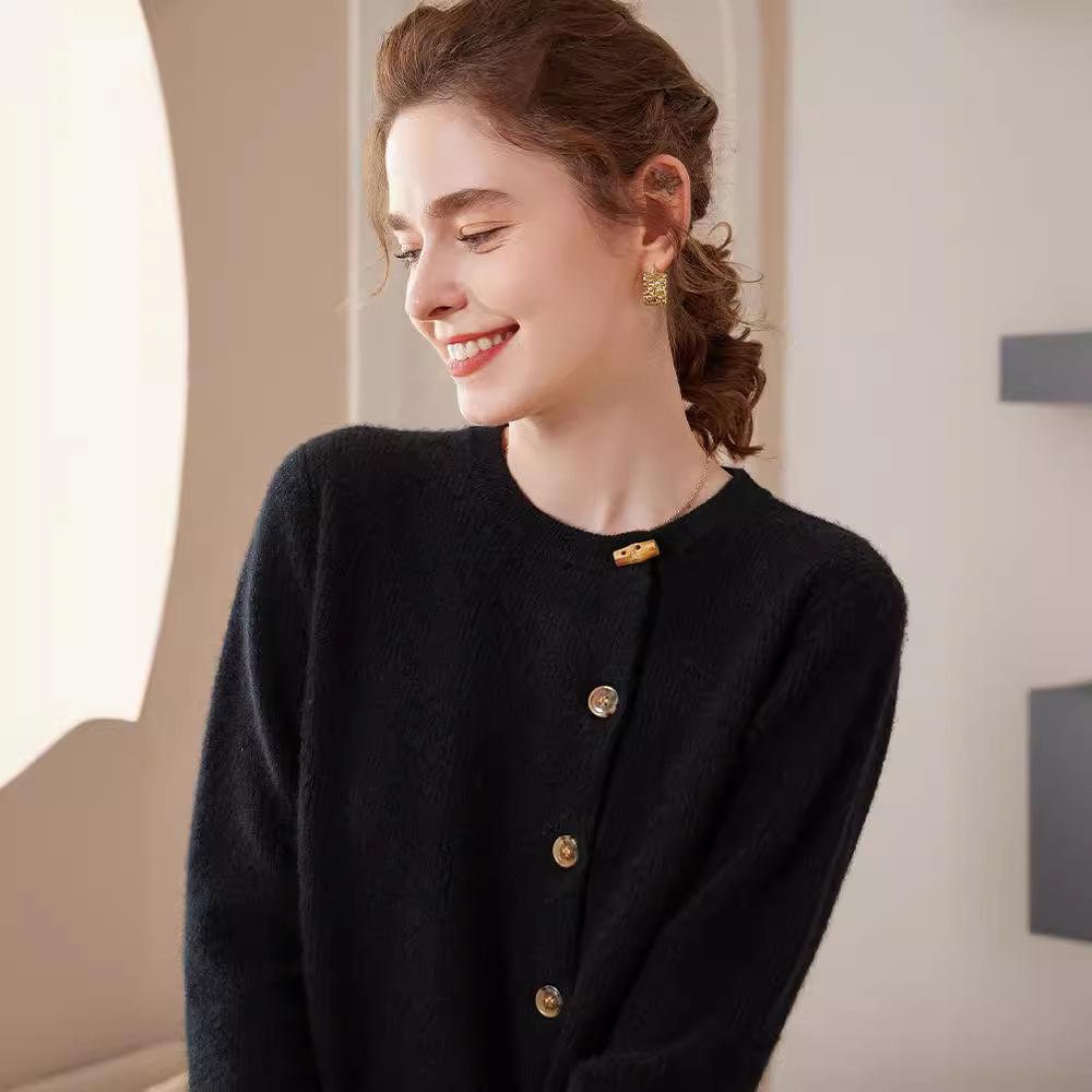 Women's Red Cashmere Round Neck Cardigan - Solid Color, Side Button, Loose, Slimming Knit Outerwear