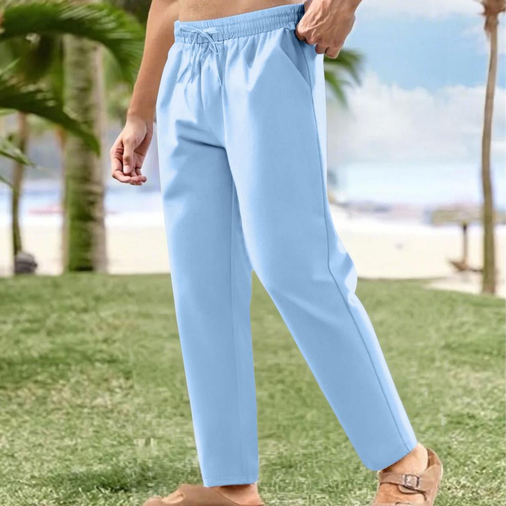 Льняные повседневные брюки мужские с эластичной талией и завязками на шнурке летние брюки для йоги и пляжа