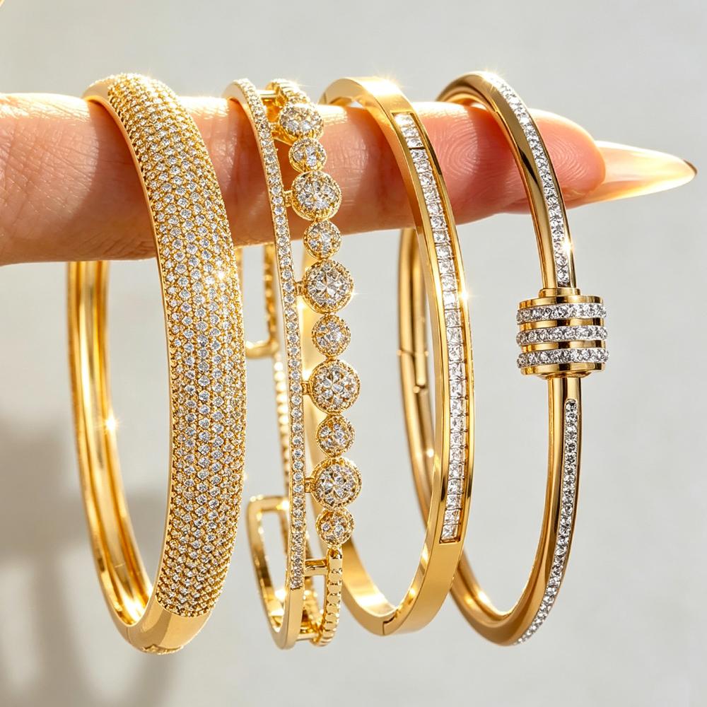 ZAKOL 4pcs Luxurious Micro-set Zirconia Copper Stainless Steel Bracelet Set Shining Zircon Wedding Bangles Women’s Party Jewelry