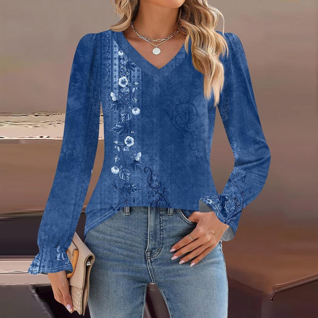 Women's Daily Casual Long-sleeved Striped Printed V-neck Top