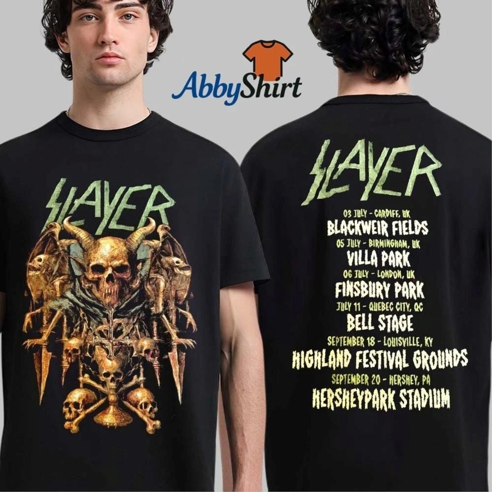 Slayer Прощальный тур 2025 Черепной трон Арт с датами тура 2-сторонний S5XL Унисекс Футболка