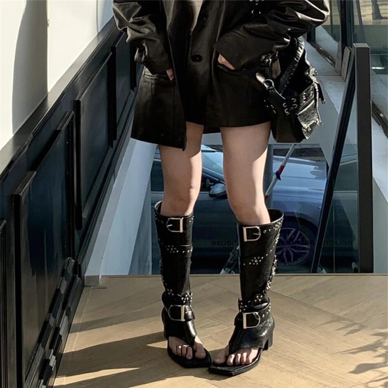 Fashion Buckle Design Punk Leather Boots Pointed Open Toe Ultra-high Heel Women Vintage Knight Sandal Boot 2024 Fashion Mixed Color Shoe