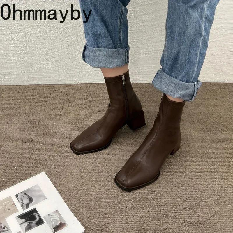 Fashion Women Ankle Boots Woman Square Heel Fashion Zipper Autumn Winter Women's Shoes Leather Girl's Short Booties