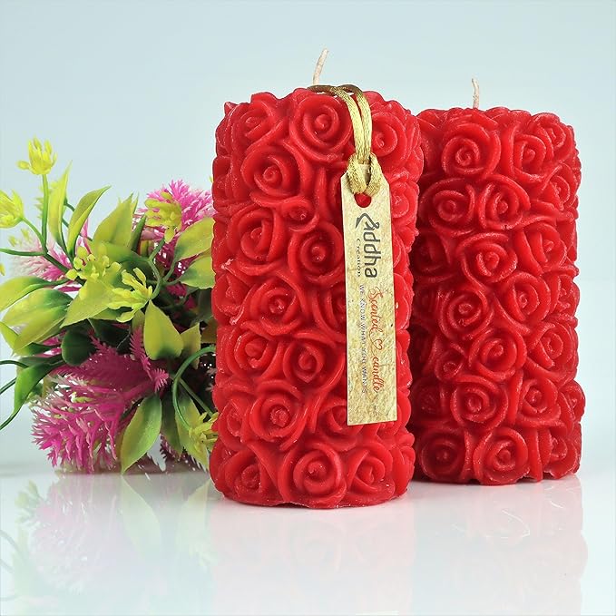 Свечи для домашнего декора, аромат розы, в форме столба, красного цвета, набор из 2 штук, 5,5 х 10,5 см - воск