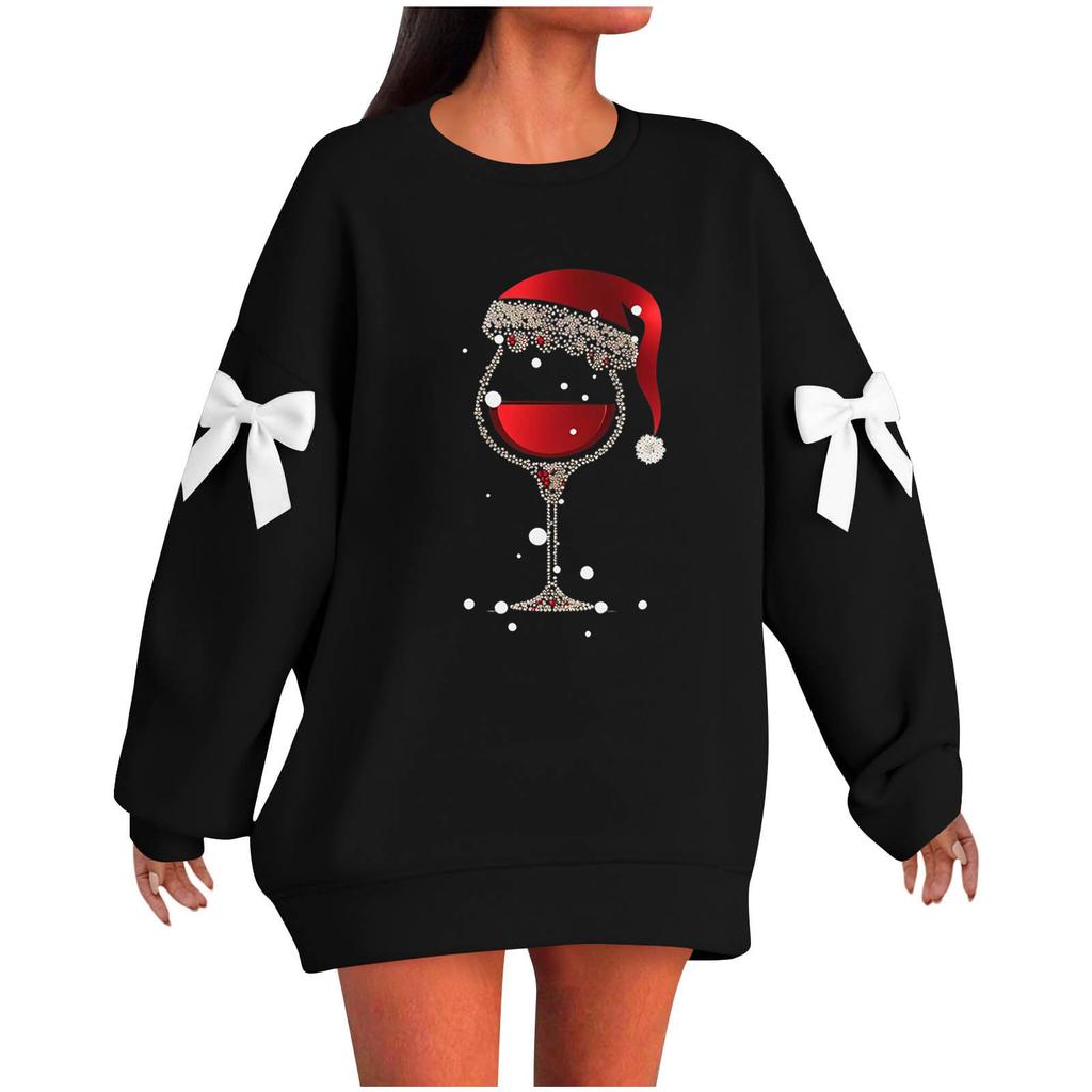 Ladies' Christmas Printed Bow Round Neck Long Sleeved Loose Pullover Sweater Sweatshirt Top