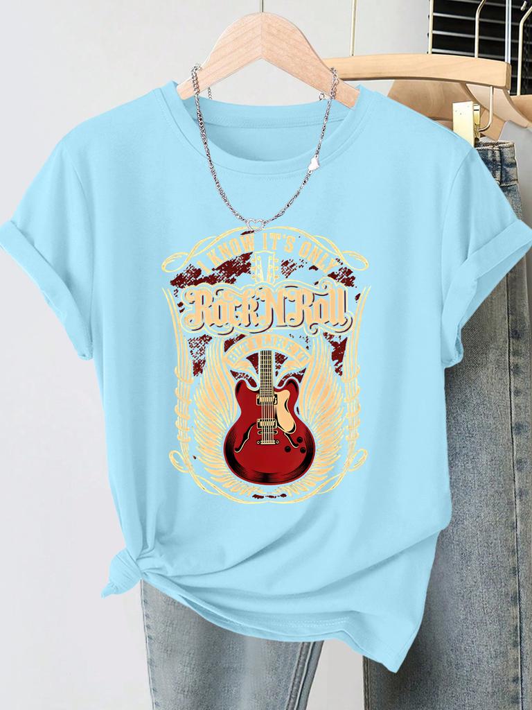 Rock N Roll Guitar Retro Printed Summer New Style Women's Round Neck Daily Commuter T-shirt Playful Age Reducing Top