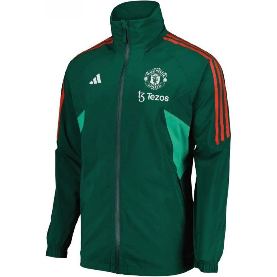 adidas 2023-24 Manchester United Удобная мягкая дышащая футбольная майка с воротником-стойкой и застежкой-молнией с длинным рукавом, унисекс, зеленая IP9132