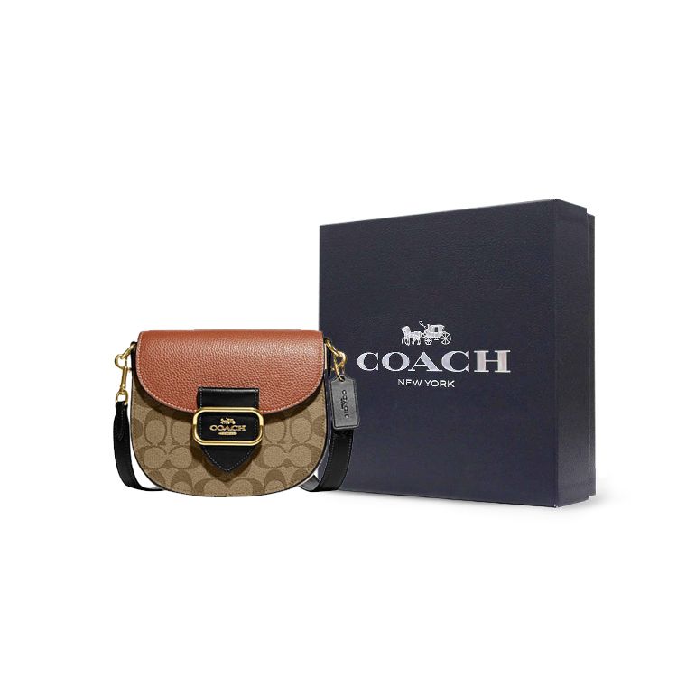 Coach Morgan 20 Classic Monogram Print Flap Closure Leather Saddle Bag Women Shoulder Bag Brown Rust CE565-IME7V