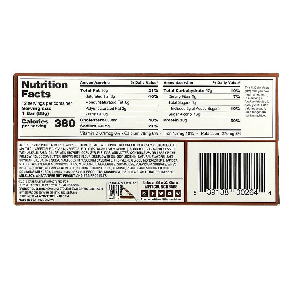 FITCRUNCH Whey Protein Baked Bars, Chocolate Chip Cookie Dough, 12 Bars, 3.10 Oz (88 G) Each