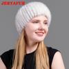 JERYAFUR Ladies Winter Knitted Leather Straw Hat Real Mink Scarf Hat Stretch Luxury Mink Empty Top Hat