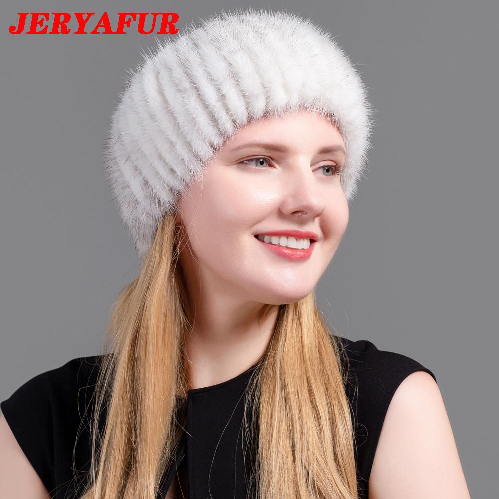 JERYAFUR Ladies Winter Knitted Leather Straw Hat Real Mink Scarf Hat Stretch Luxury Mink Empty Top Hat