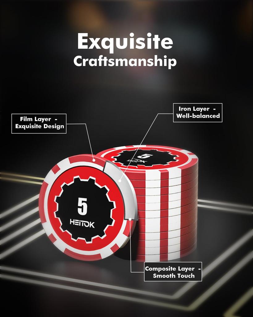 Фишки для покера HEITOK, 300 штук, набор для покера с номерами, алюминиевый кейс, совместимый с Texas, включает в себя 5 игральных костей и 2 набора игральных карт, 11,5 г