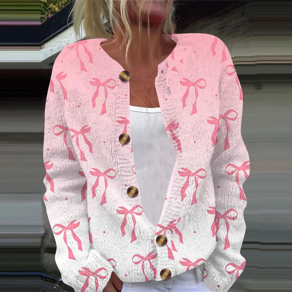 Женская мода с принтом банта, длинный рукав, вязаный кардиган, куртка на пуговицах