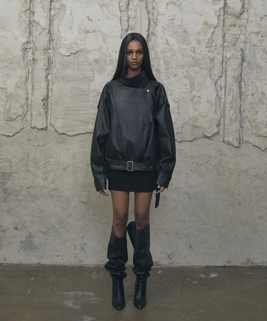 VOONT Belt High-Neck Leather Jacket (Black)