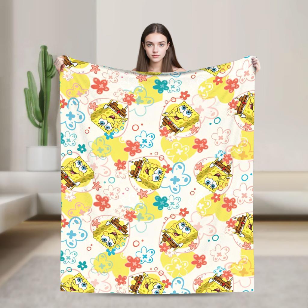 Cartoon Animated Blanket Cover SpongeBob SquarePants Fleece Throw Blankets Bedding Couch Portable Ultra-Soft Warm Bedspreads