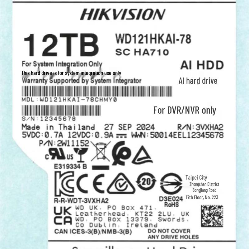 Hikvision WD Co-branded 12TB AI Surveillance Hard Drive