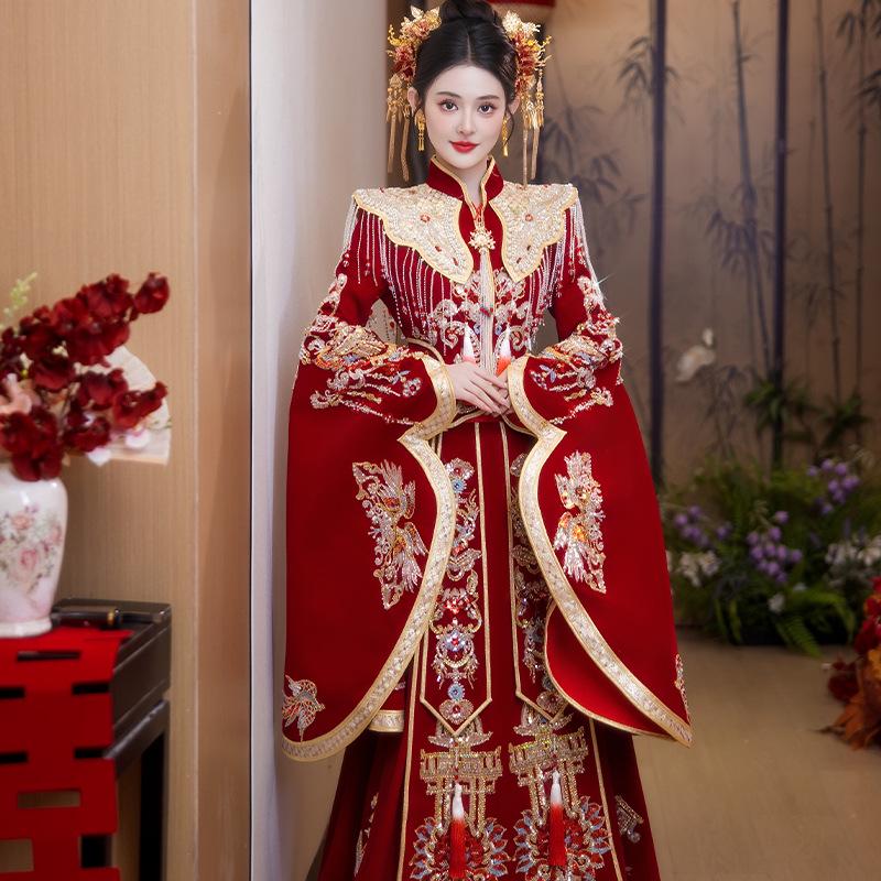 2025 Plus Size Xiuhe Dress with Phoenix Crown & Xiapei - Chinese Wedding Toasting Gown