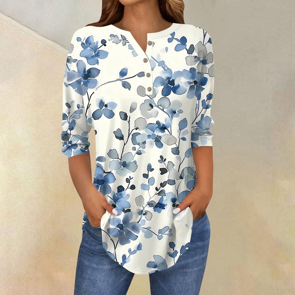 Рубашки с рукавом 3/4 для женщин, модные, повседневные, с круглым вырезом, с принтом, футболка, топ