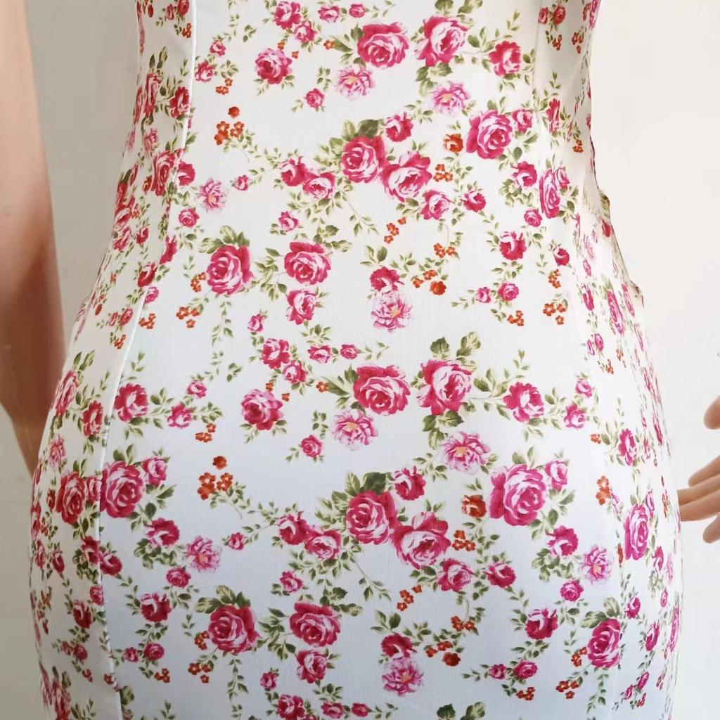 Women Spring Sleeveless Floral Print Suspender Dress Summer Casual Pencil Ankle-Length Elastic High Waist Slit Bohemian Dresses