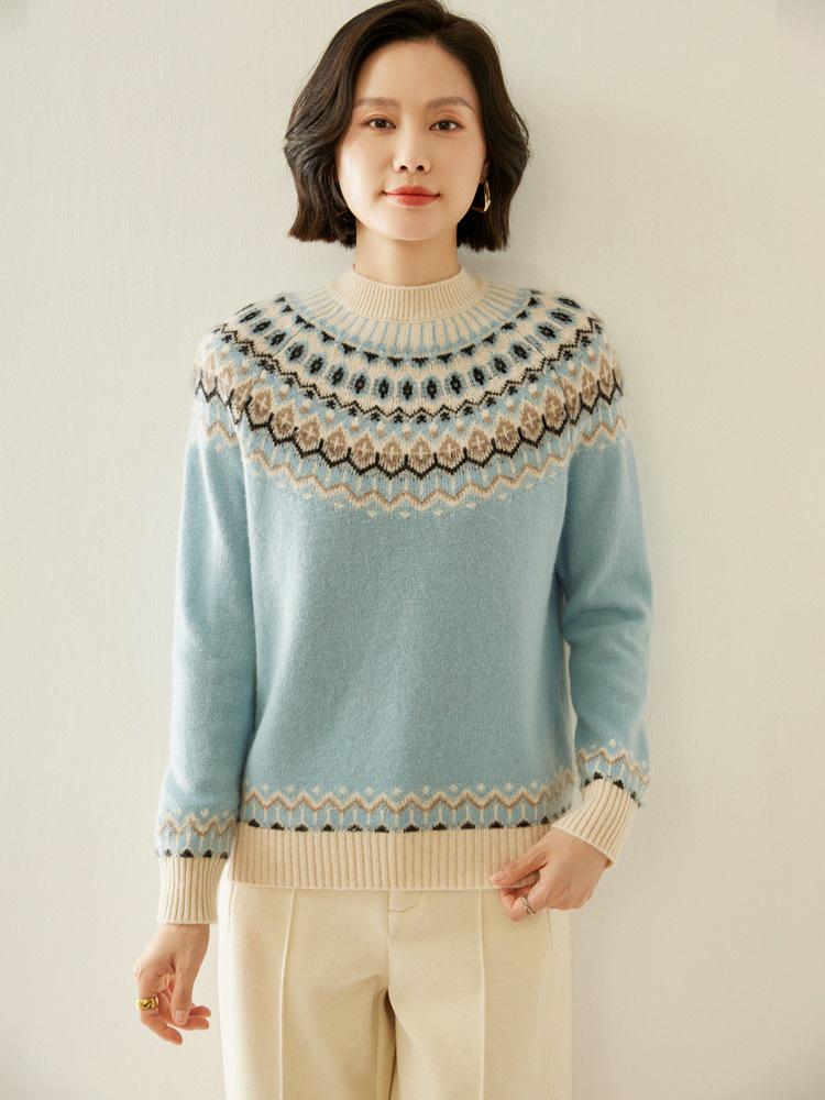 Элегантный жаккардовый кашемировый свитер в стиле Fair Isle - Осень/Зима 2026, С высоким воротником, Свободный и стройнящий дизайн