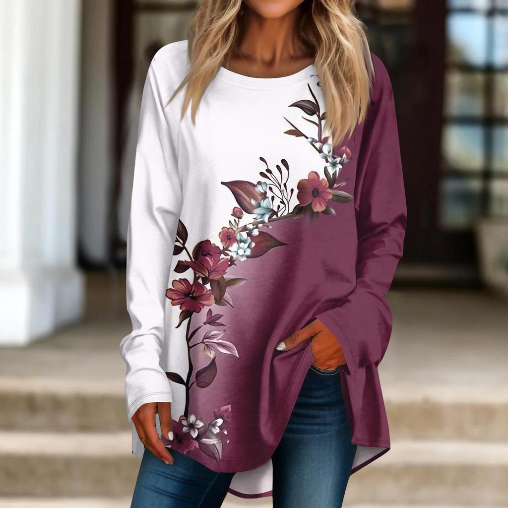 Женская повседневная футболка больших размеров с длинными рукавами и круглым принтом, верхний пуловер