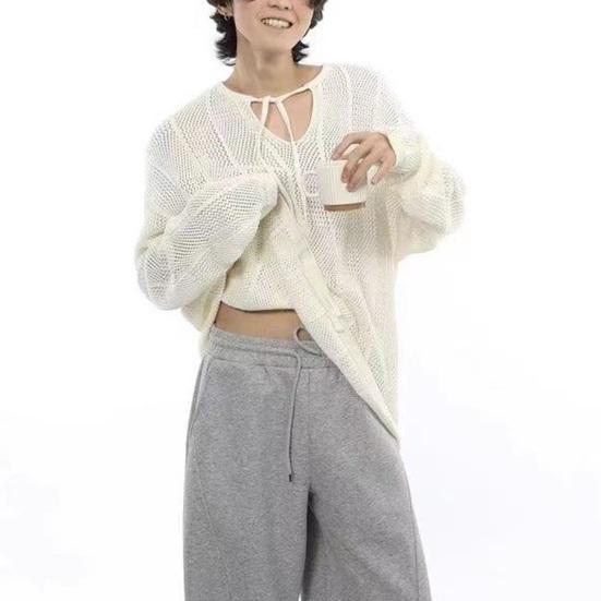 Осенне-зимний мужской свитер с ажурной резинкой и длинными рукавами, однотонный трикотажный пуловер