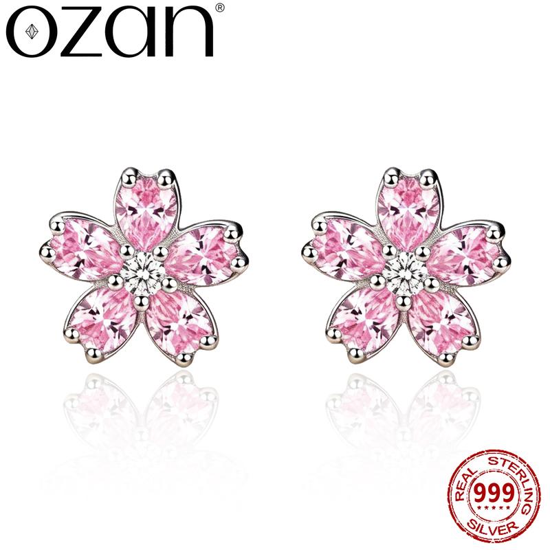 OZAN S999 Sterling Silver Earrings Stud Pink CZ Flower Screw Earrings Fashion Trendy Jewelry for Women Girls Lady Elegant Gift
