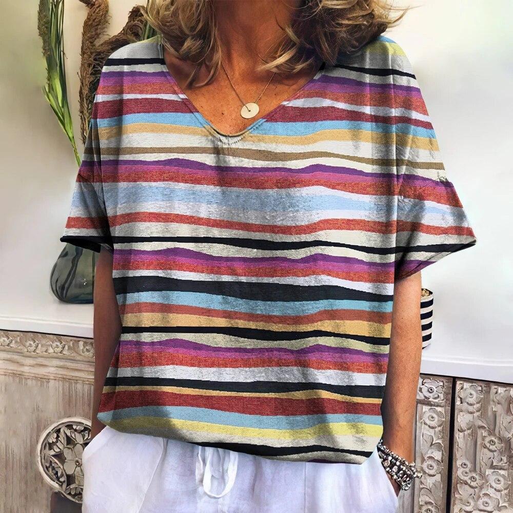 Vintage Women's T-Shirt 3d Striped Print Pullover Casual Street V Neck Tops Tees Summer Fashion Oversized Tshirt Lady Clothing