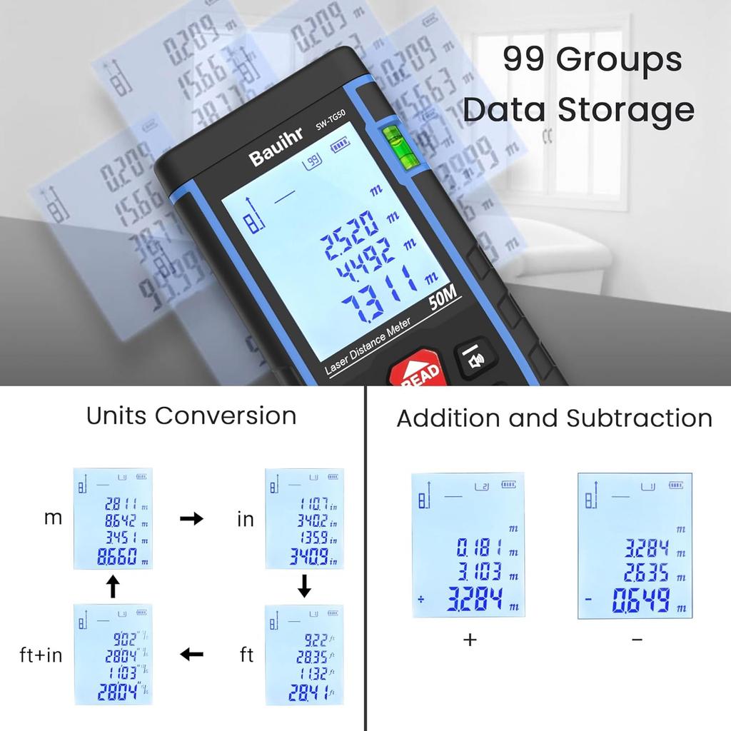 Laser Measure, Bauihr 165ft Laser Distance Meter, Portable Laser Measurement Tool with 2 Bubble Levels, Large Backlit LCD Display, Allowing