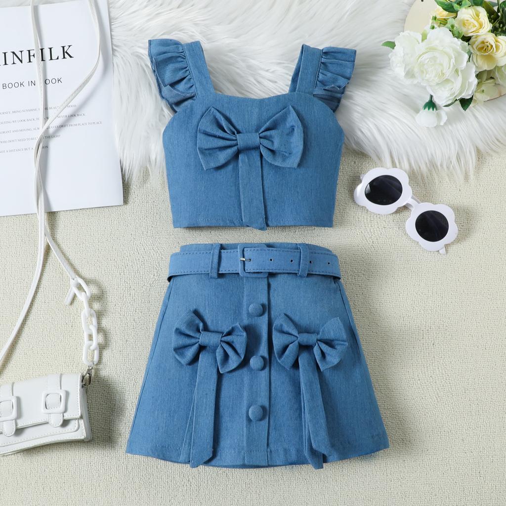 Детские летние платья для девочек 2-6 лет, новый топ с рукавами-крылышками и бантом + юбка, костюм, индивидуальная одежда