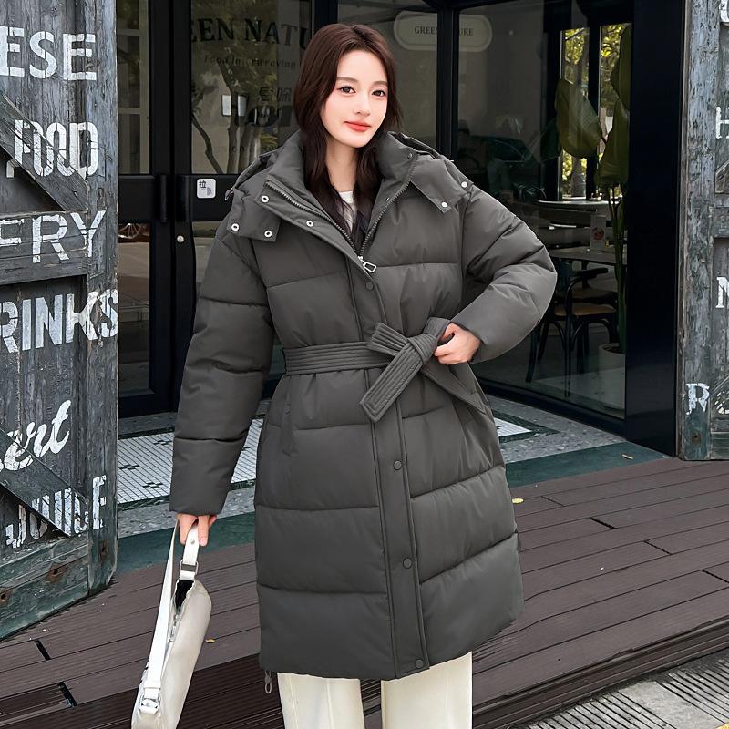 Market stall drive DNU women's cotton-padded clothes large twill long hooded belt waist, solid workmanship and cost-effective winter
