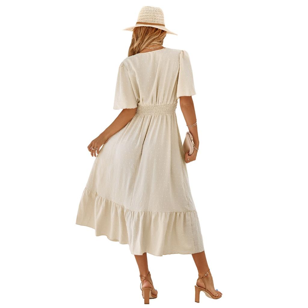 GMXIA Женские модные летние весенние однотонные повседневные платья с v-образным вырезом и короткими рукавами и высокой талией