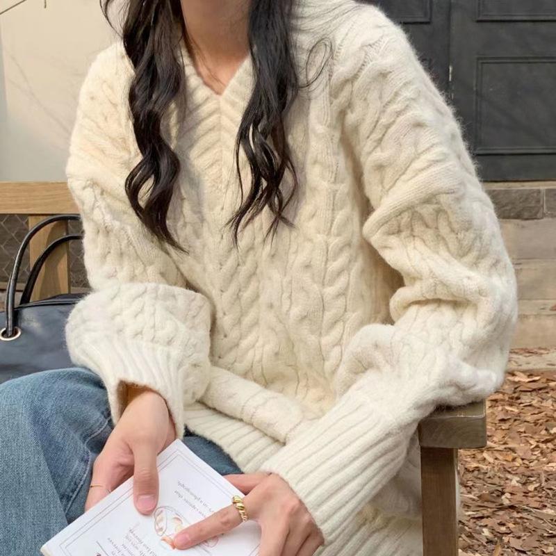 V-образный вырез ленивый ветровой свитер женский осенне-зимний комплект свободная верхняя одежда блузка утолщенный перекрученный вязаный свитер удобный универсальный модный