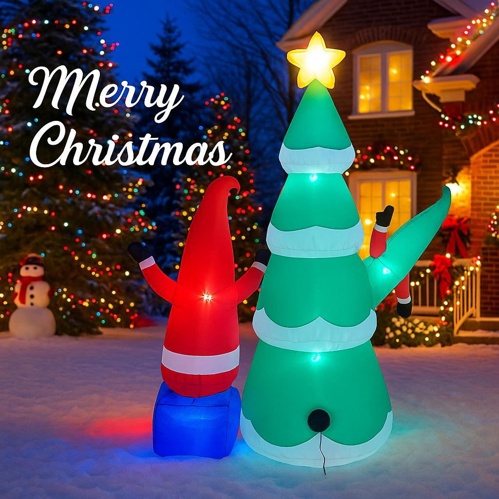 5.9FT LED Lit Inflatable Xmas Yard Decoration Christma Tree Gnome Set Outdoor Lawn Garden Supplies Home Decor Ornaments Toy Gift
