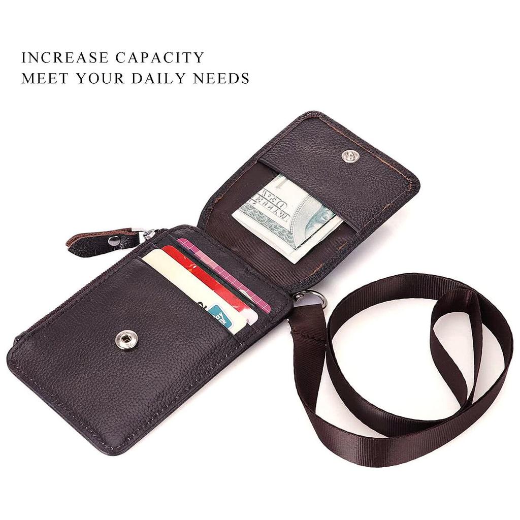 Genuine Leather ID Holder with Zipper RFID Keychain Wallet Neck Lanyards with Swivel Hook for Card/Coin/Cash Black Card Holder
